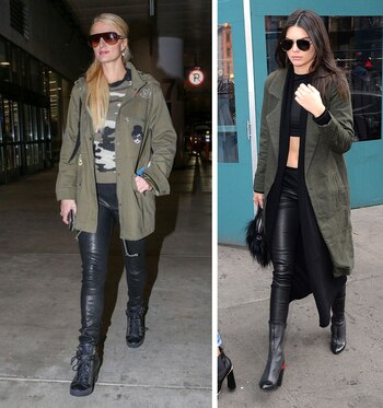 Parkas, leggings de cuero negro,