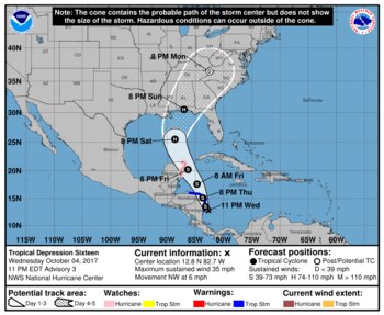 El recorrido posible de la tormenta 16. Boletín de las 11 pm, miércoles 5 de octubre (Centro Nacional de Huracanes)