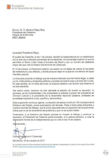 La carta de Carles Puigdemont