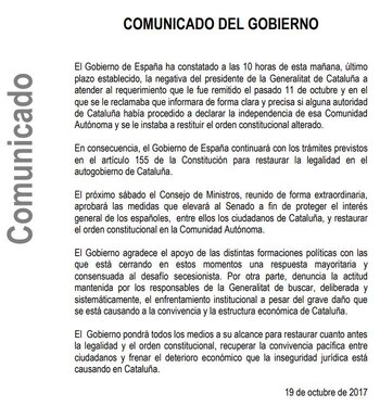 El comunicado del Gobierno español