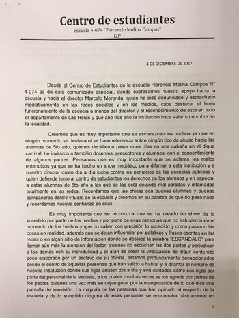 La primera parte del comunicado del Centro de Estudiantes del Colegio Florencio Molina Campos