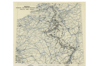 La saliente creada por el avance, en su mayor extensión al 27 de diciembre. En el sector sur se puede ver la ciudad de Bastogne, que no pudo ser tomada (Library of Congress)