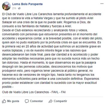 El comunicado de la empresa de parapentes