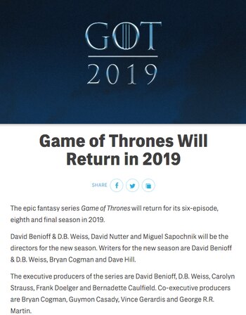 Comunicado de HBO: “Game of