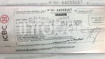 Cheque librado a Hope Funds