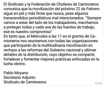 Comunicado de Camioneros