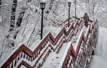 Una mujer baja las escaleras