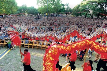 Sostenido por un grupo de diez alumnos de la escuela Lung Chuan-Choy Lee Fut, el Dragón (considerado el animal de la suerte) bailó en la plaza Parques Nacionales Argentinos. (Fotos: Fabián Mattiazzi y Télam.)