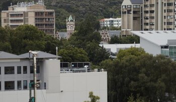 La vista aérea desde la ventana del baño del quinto piso del edificio Adams. Entre los árboles está el Museo Otago