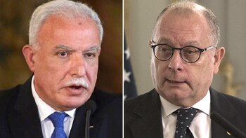 El canciller palestino Rial Al Malki y su par argentino, Jorge Faurie