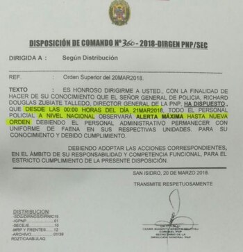La Policía Nacional de Perú decretó alerta máxima