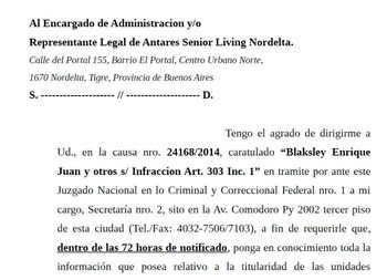 Fragmento del oficio enviado por