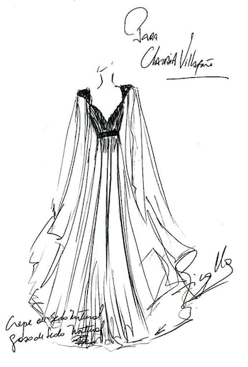 Boceto del outfit de Claudia, ideado por Ivana Picallo: un vestido de gasa de seda natural color acero drapeado con un cinturón de cristales y mangas desmontables.