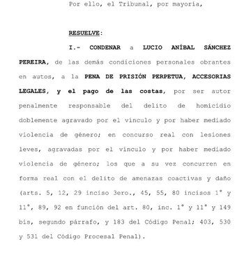 Fragmento de la condena a Sánchez Pereira dictada por el TOC N°8.