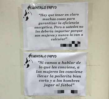 Así fueron los escraches a los profesores. Debajo de los textuales, en los carteles figuraba el presunto autor de los dichos machistas.