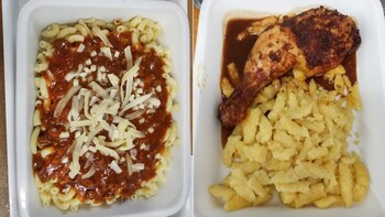 Izquierda: carne molida con codito, queso y puré de manzana a 1.90 francos por porción (alrededor de 37 pesos). Derecha: pierna de pollo con salsa de romero, spätzli y jugo a 2.30 francos por porción (casi 44 pesos) | Fotos cortesía de S