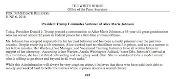 Comunicado de la Casa Blanca: el presidente Trump indultó a Alice Marie Johnson, de 63 años