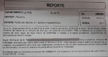 El reporte policial que detalla cómo fue el robo d ela banda presidencial y d ela medalla oficial de Bolivia (Gentileza: El Deber)