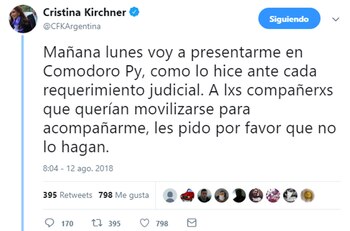 Cristina utilizó su cuenta de Twitter para pedir a la militancia que no se movilice a Comodoro Py (@CFKArgentina)