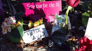 Las flores y carteles que dejaron en el lugar donde estaba el busto (@MoniMacha)
