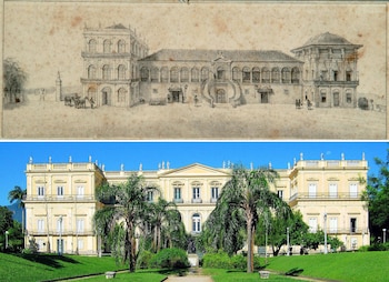 Arriba, el diseño del Palacio en el diseño de Jean Baptiste Debret. Abajo, cómo lucía antes del incendio