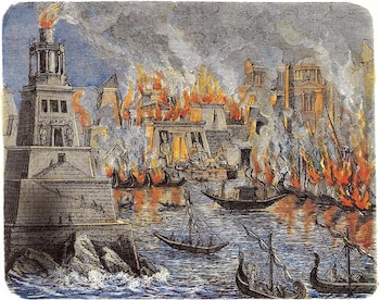 Grabado de 1876 que recrea el incendio que quizá destruyó parte de la Biblioteca