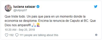 El mensaje de Luciana Sazarlar en Twitter, a minutos de conocerse la renuncia de Luis Caputo