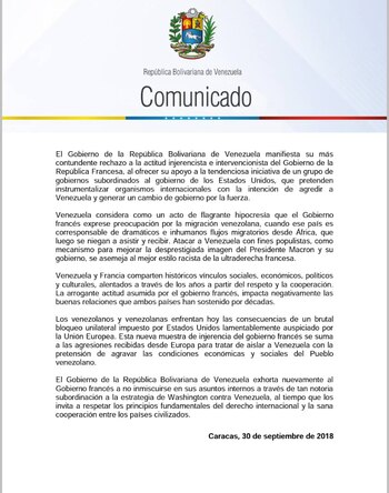 El comunicado de la cancillería venezolana
