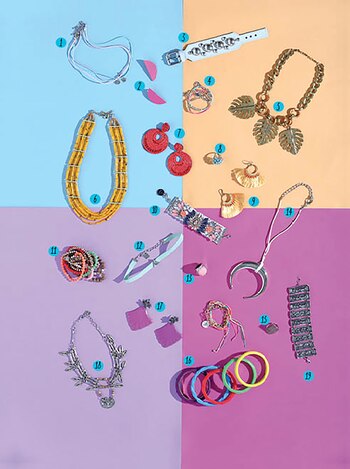 1. Triple collar de goma ($ 99, Todomoda)./ 2. Aros fucsias ($ 99, Todomoda)./ 3. Brazalete de cuero con tachas ($ 700, Cuatro Musas)./ 4. Dos pulseras con cadena y cordones flúo ($ 149, Todomoda)./ 5. Collar de cadena y hojas ($ 1.150, La Mercería)./ 6. Collar de canutillos amarillos (India Style)./ 7. Aros redondos de canutillos ($ 1.200, Luna Garzón)./ 8. Anillo turquesa ($ 350, Gabriella Capucci)./ 9. Aros con flecos (India Style)./ 10. Pulsera con piedras ($ 940, Los Vados del Isen)./ 11. Pulsera elástica de varias vueltas ($ 510, Los Vados del Isen)./ 12. Choker de gamuza verde agua ($ 180, Mas Negro)./ 13. Anillo ovalado con piedra rosa ($ 350, Mas Negro)./ 14. Collar boho con cinta y pieza de metal ($ 396, Cuatro Musas)./ 15. Anillo labrado ($ 300, Mas Negro)./ 16. Pulseras varias tiras de colores ($ 149, Todomoda)./ 17. Aros color magenta ($ 590, La Mercería)./ 18. Gargantilla plateada con dijes ($ 380, Mas Negro)./ 19. Pulseras de resina ($ 250 aprox., Gabriella Capucci).