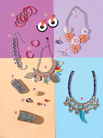 1. Pulseras de metal elásticas ($ 1.500, Luna Garzón)./ 2. Aros de acrílico redondos ($ 380, Mas Negro)./ 3. Maxicollar de flores ($ 1.700, Luna Garzón)./ 4. Anillo de metal Tres Marías ($ 360, Cuatro Musas)./ 5. Anillo lineal con forma orgánica dorado ($ 220, Mas Negro)./ 6. Collar con dijes de colores ($ 890, Los Vados del Isen)./ 7. Aros baño dorado ($ 550, Cuatro Musas)./ 8. Gargantilla plateada ($ 450, Cuatro Musas)./ 9. Pulsera elástica de strass ($ 650, Gabriella Capucci)./ 10. Anillo ovalado amarillo y naranja ($ 1.800, Luna Garzón)./ 11. Anillo piedra azul ($ 1.800, Luna Garzón)./ 12. Aros con forma de flor ($ 99, Todomoda)./ 13. Brazalete ($ 1.500, Luna Garzón)./ 14. Collar largo con monedas ($ 300, TIFF Accs).