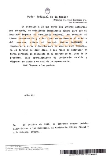 El oficio firmado por la