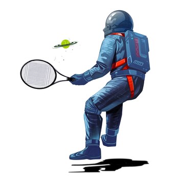 Ilustración de Jonathan Bartlett con un astronauta jugando al tenis en el espacio (The Washington Post/Jonathan Bartlett)