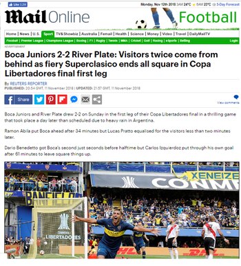 Boca Juniors 2-2 River Plate: los visitantes estuvieron dos veces por detrás mientras el feroz Superclásico terminó en la primera final de la Copa Libertadores (Dailymail, Inglaterra)