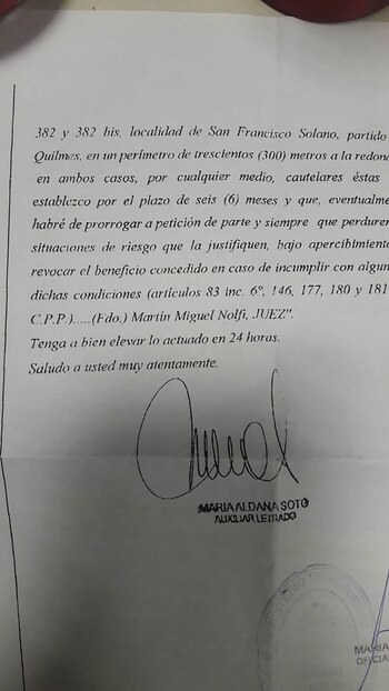 La notificación judicial dice que Migliaccio