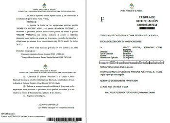 El expediente judicial que habilita la fusión de las agrupaciones Gente en Acción y Bandera Vecinal para fundar el partido Frente Patriota con la presidencia de Alejandro Biondini