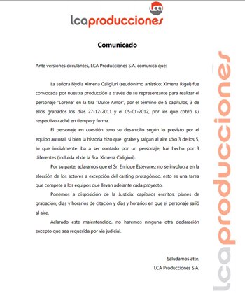 El comunicado de la productora