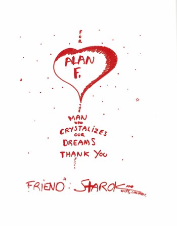 Un dibujo y una nota de Philippe Starck que estará por siempre en el corazón de Alan Faena. Las piezas y el estilo Stark es un clásico en los hoteles de Faena. Además de haber hecho un gran team profesional cultivan una auténtica amistad