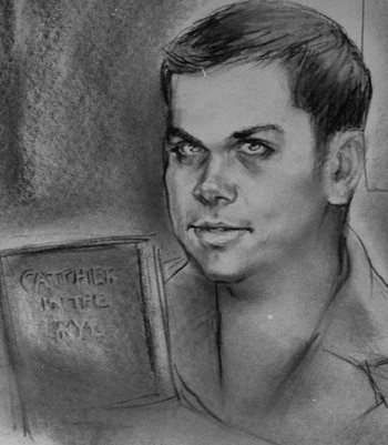 Ilustración de Mark David Chapman durante el juicio, donde siguió leyendo el clásico de Salinger