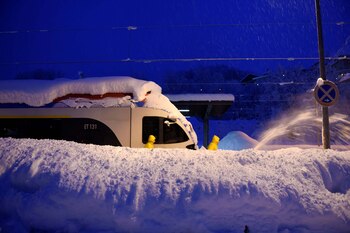 Dos trabajadores limpian un camino