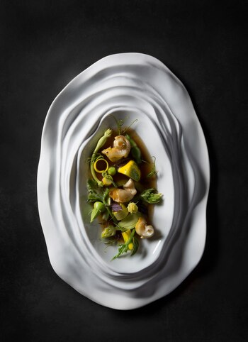 Zucchini, caracoles de mar, albahaca,