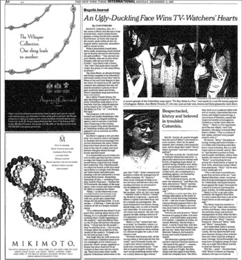 Un artículo sobre “Yo soy Betty, la fea” en The New York Times el 11 de diciembre de 2000