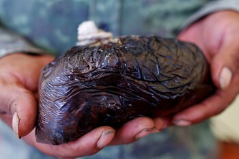 El granjero de amapola Santiago Sánchez tiene pasta de opio en Santa Cruz Yucucani en la Sierra Madre del Sur, en el estado sureño de Guerrero, México, el 18 de agosto de 2018.