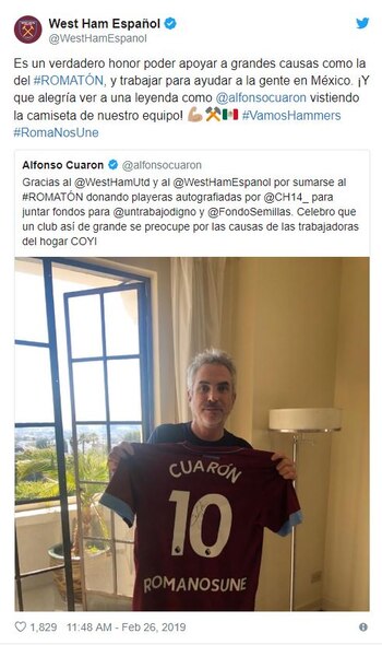 El director Alfonso Cuarón posó también agradeció a Javier “El Chicharito” Hernández y al West Ham United (Foto: Twitter)