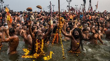 Un grupo de ascetas hindúes se bañaban en el río Ganges cerca de Prayagraj, India, como parte del Kumbhamela, la reunión religiosa más grande del mundo. (The New York Times)