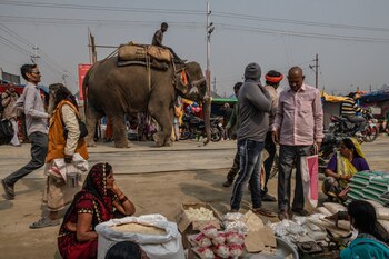 Peregrinos que compraban mercaderías en los puestos callejeros. (The New York Times)
