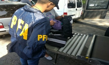 El momento en que un agente supervisa un bolso con el escáner móvil de la PFA