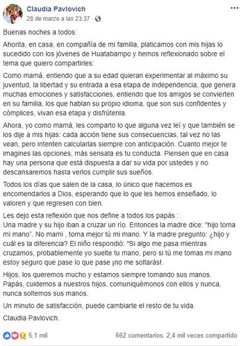 Pavlovich dijo que como mamá entiende que quieran experimentar la juventud, la libertad y su independencia (Foto: Captura de pantalla)