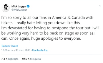 El cantante se disculpó con su público a través de su cuenta de Twitter