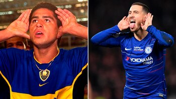 Riquelme y Hazard celebran como