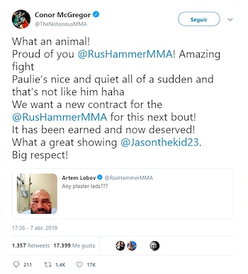La felicitación de Conor McGregor a Artem Lobov tras su pelea de boxeo sin guantes